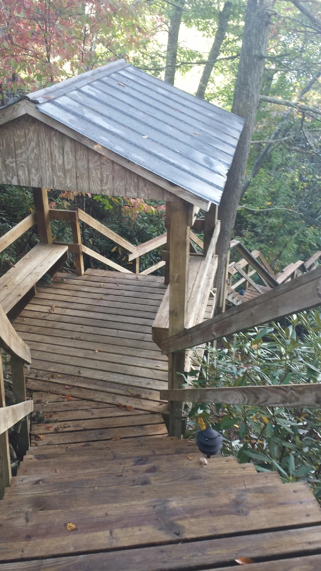 Metal roofed shelter over wooden steps on a wooded walkway — Skylight Repair & Installation work by our crew in Beverly Hills